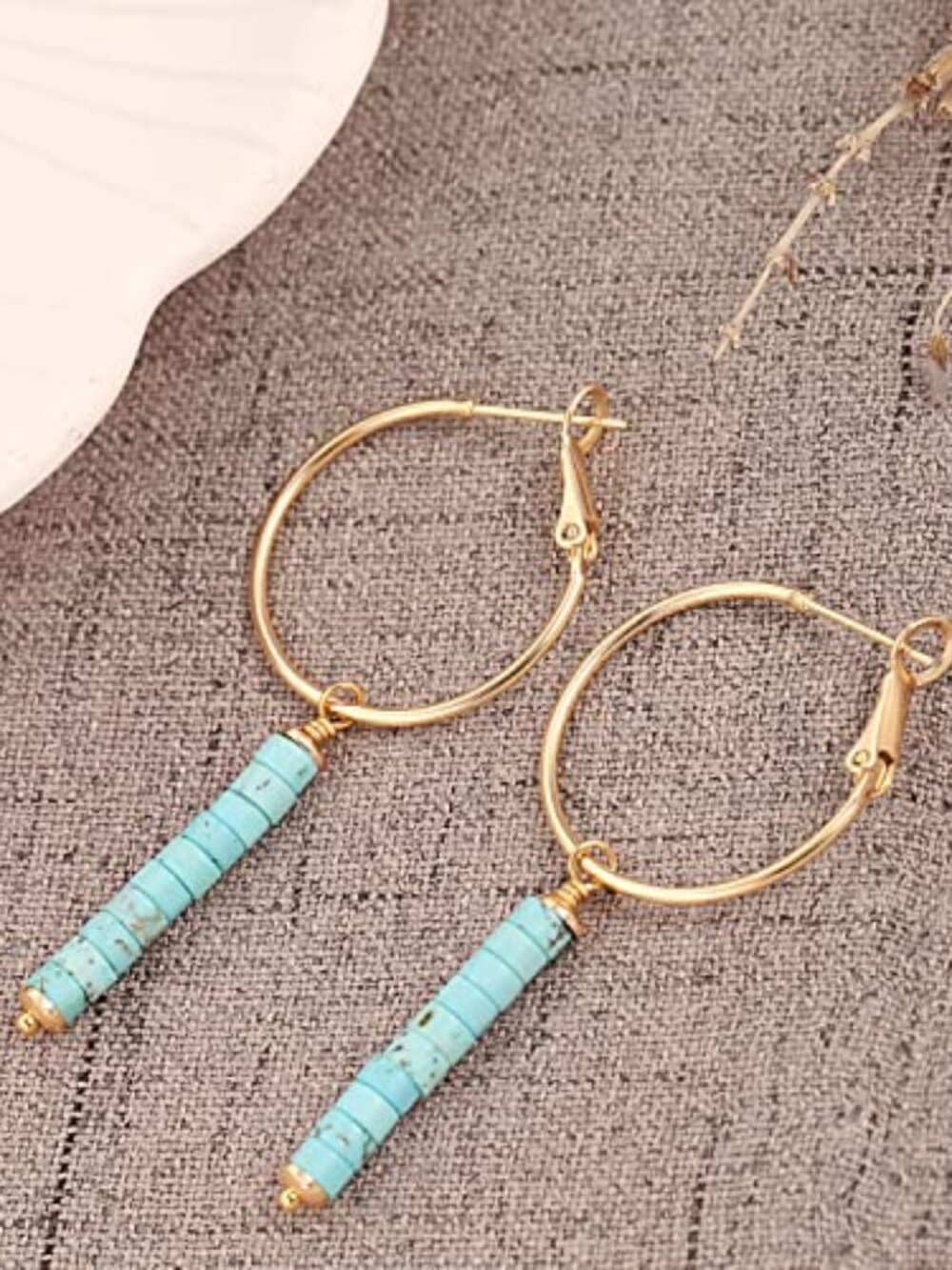 New - Gold Huggie Hoop Drop Dangle Earrings Turquoise Beads Gemstone Earrings‎